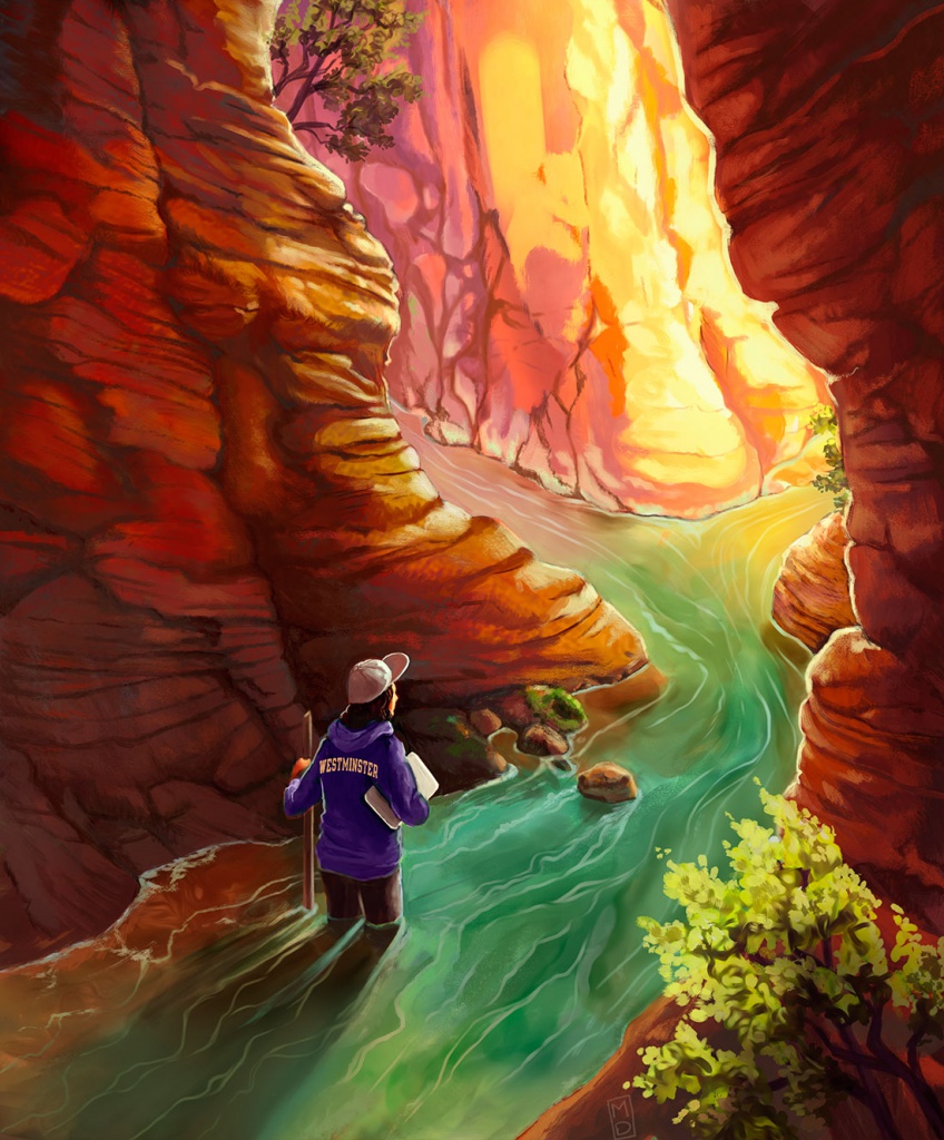 Artist depiction of a Westmisnter student exploring a canyon.