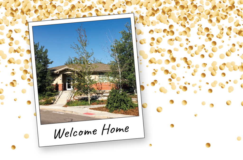 Photo montage with a polaroid showing the alumni house, with a gold confetti background.