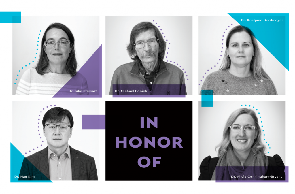 A collage of headshots of Westminster Honors faculty, with the article's title "In Honor of."