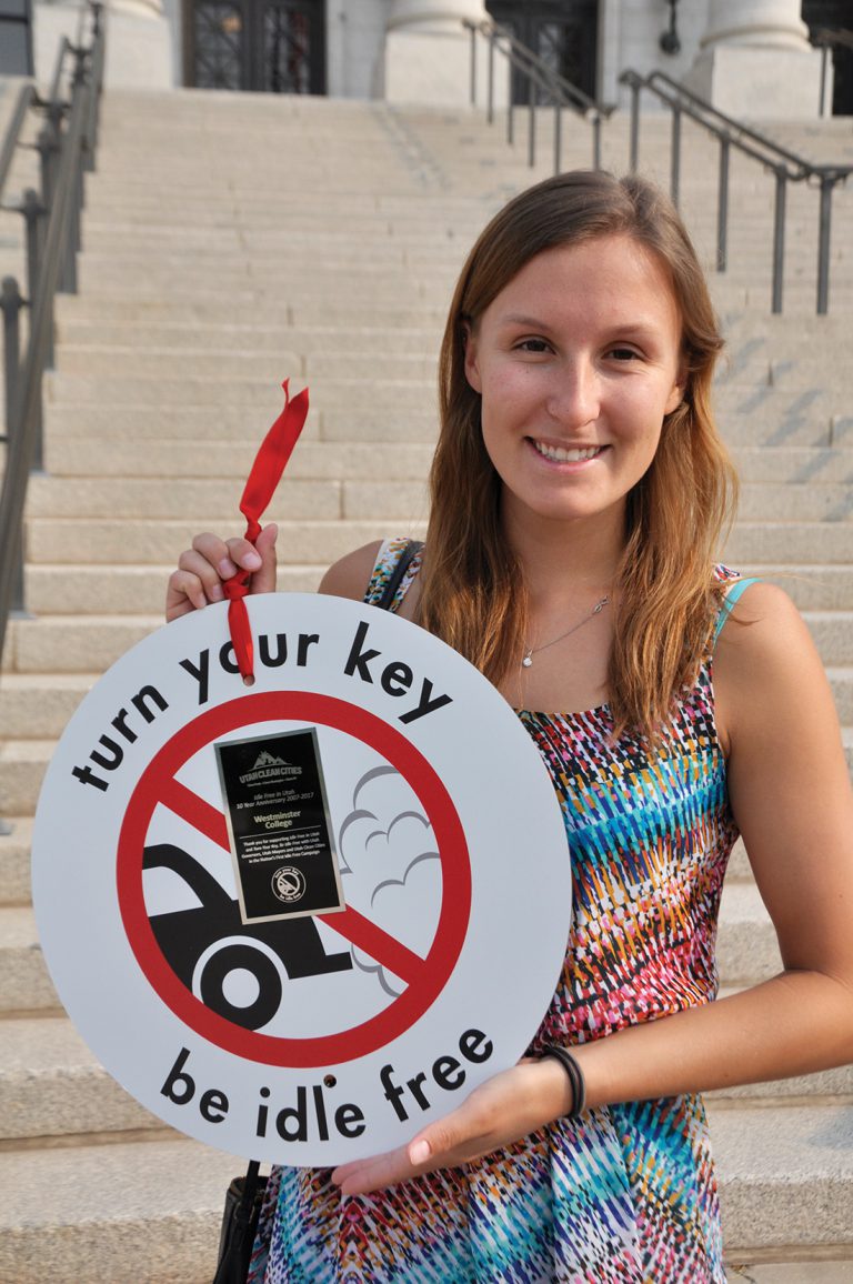 Rosanise Odell on the steps of the Utah State Capitol, accepting Westminster’s award for clean-air efforts.