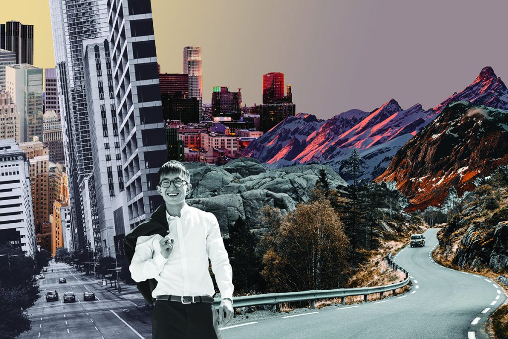 student standing in front of graphic of Utah buildings and landscape