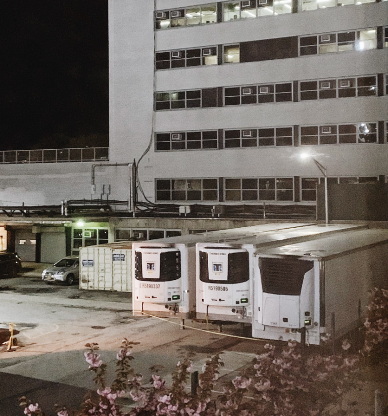 semi trucks outside of Coney Island Hospital