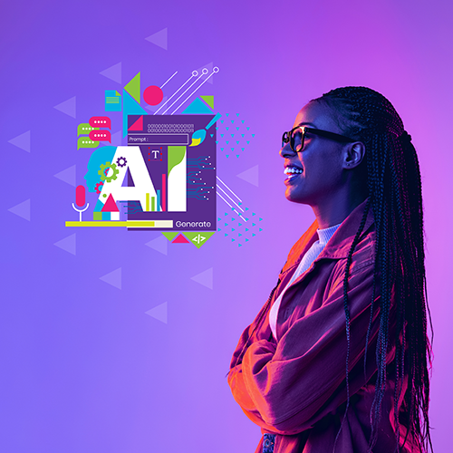 woman facing an AI logo on a purple and pink backdrop